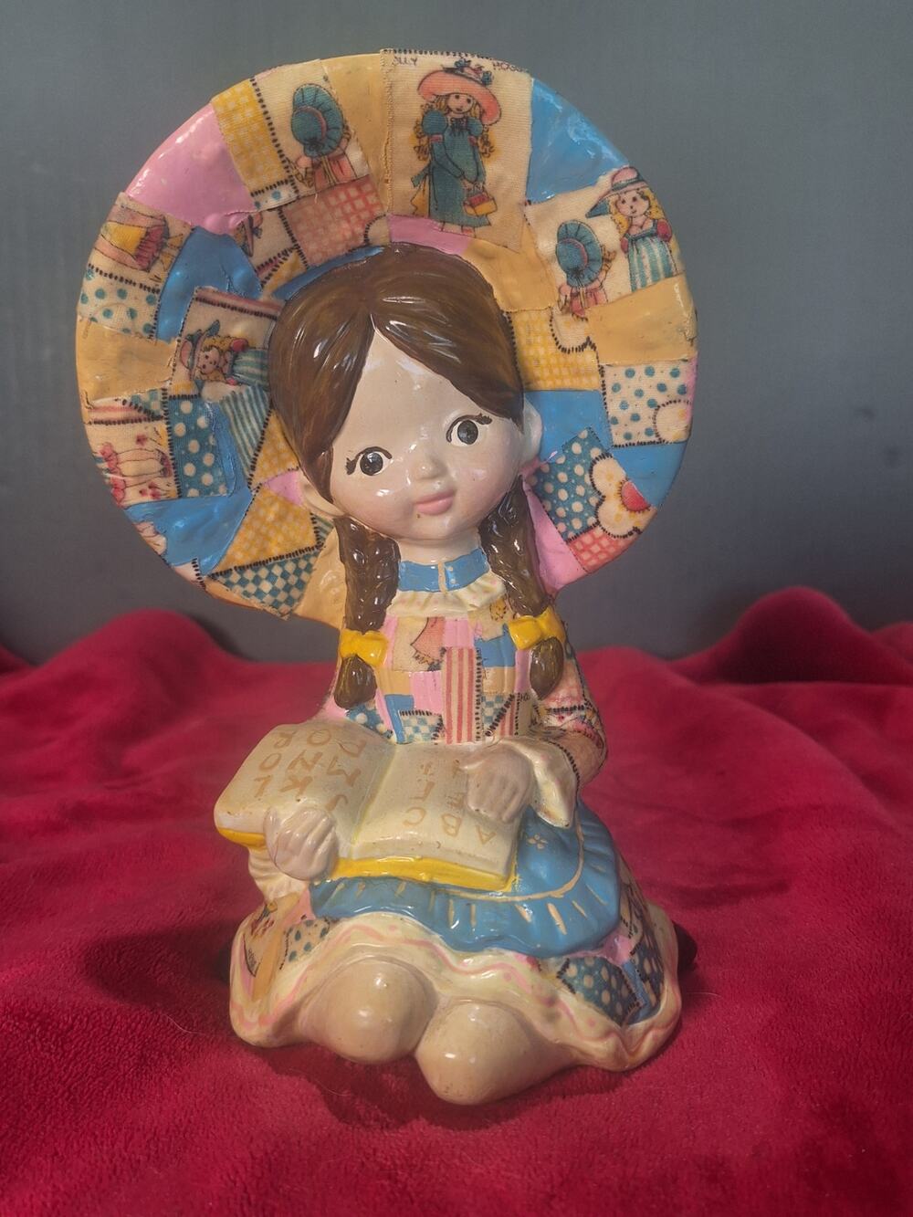 Vintage Fabric Decoupage Bonnet Girl Figurine Patchwork 7.75” Handmade Kitsch